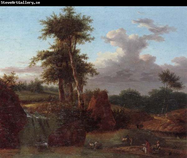 unknow artist A Wooded landscape with an artist sketching at the base of a waterfall,anmals drinking in a pool nearby